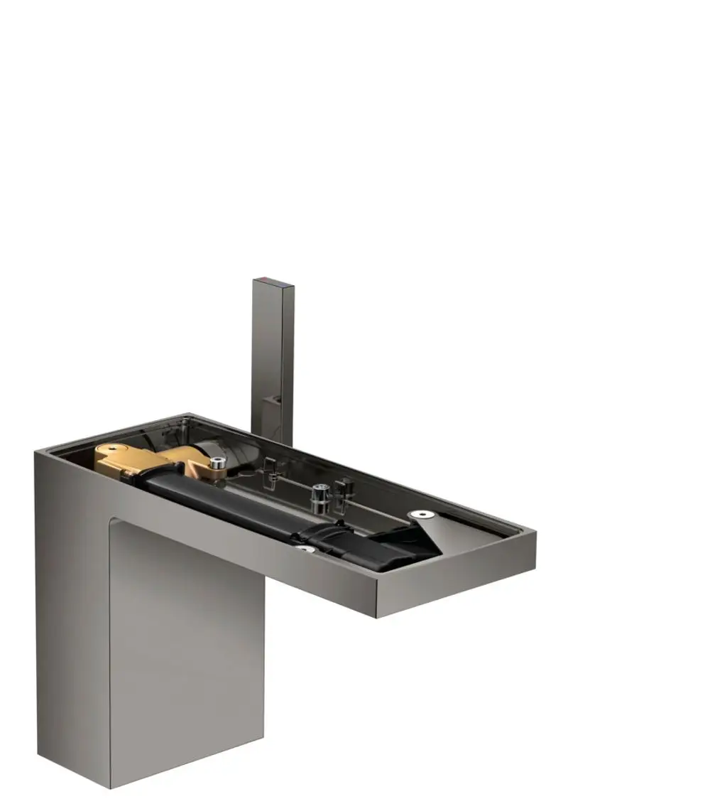 Ein AXOR-Waschtischmischer in poliertem Schwarzchrom mit einer klaren, minimalistischen Form und integriertem Push-Open-Ablauf, ohne Platte.